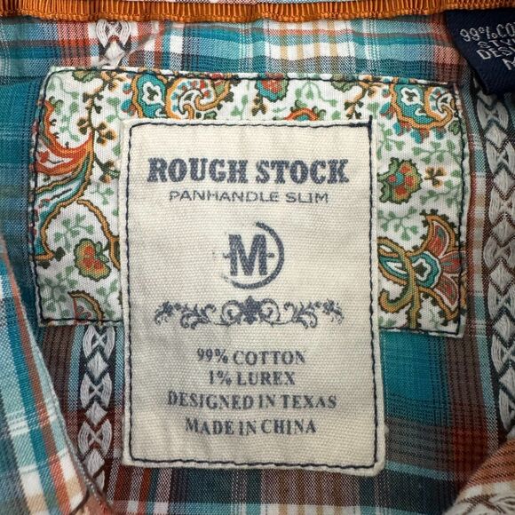 Rough Stock Panhandle Slim Shirt Mens Medium Pearl Snap Turquoise Brown Plaid - Picture 5 of 14